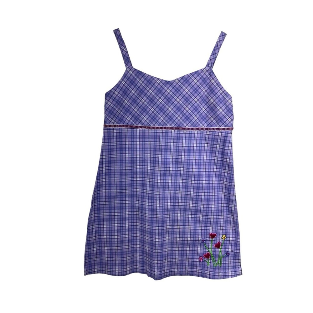 Vtg Y2K Arizona Purple Plaid Embroidered Flower Tank Dress Girls 5